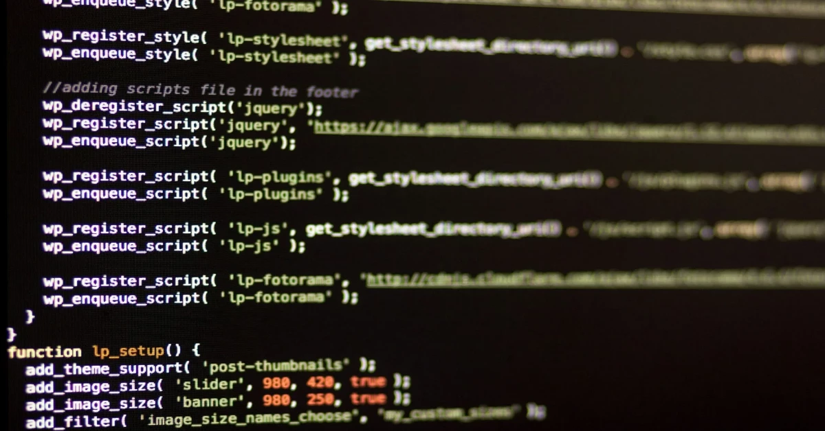 A computer screen displaying WordPress code snippets in an IDE highlights functions like `wp_enqueue_script`, `wp_register_script`, and custom image size addition, all seamlessly integrated with WordPress hooks. Green and white text stand out on a black background.